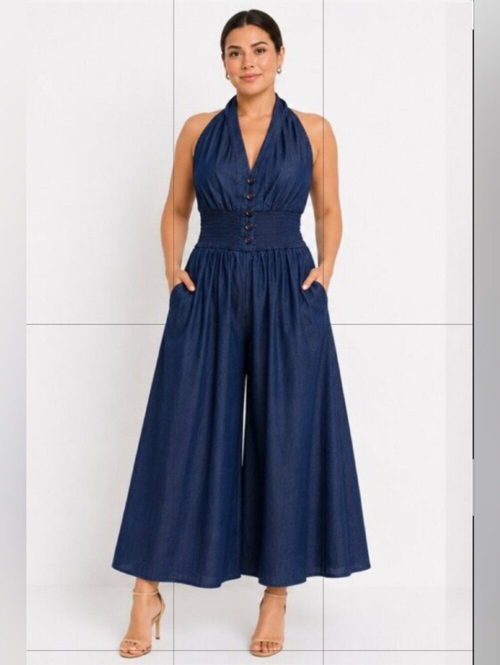 Sleeveless Halter Wide-Leg Jumpsuit in Deep Navy Size Large Nwt